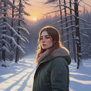 masterpiece, detailed, girl, winter forest, snow, sunset,ratatatat74 artstyle