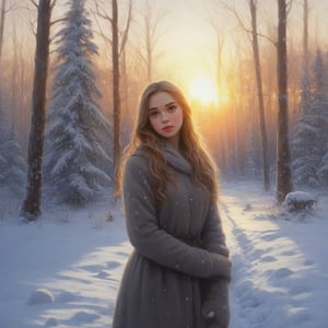masterpiece, detailed, girl, winter forest, snow, sunset