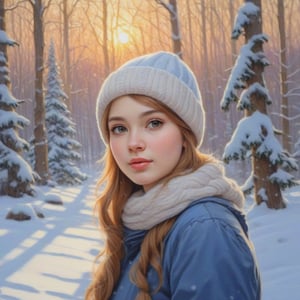 masterpiece, detailed, girl, winter forest, snow, sunset,art_booster