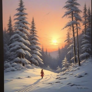 masterpiece, detailed, girl, winter forest, snow, sunset,by Roy Krenkel