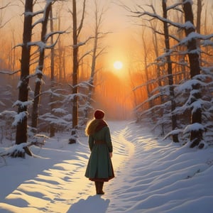 masterpiece, detailed, girl, winter forest, snow, sunset,nodf_xl