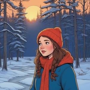 masterpiece, detailed, girl, winter forest, snow, sunset,JAB Comix