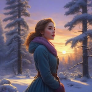 masterpiece, detailed, girl, winter forest, snow, sunset,scenery