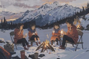 people sitting around campfire, cloud, dusk, sky, sunset, night, mountains. snow,
landscape scene, dramatic linght,Fechin