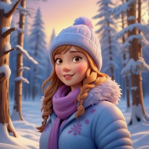 masterpiece, detailed, girl, winter forest, snow, sunset,3d style
