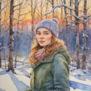 masterpiece, detailed, girl, winter forest, snow, sunset,watercolor \(medium\)