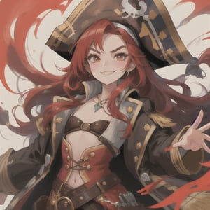 1woman, pirate coat, red hair, long hair, disdain smile, straight hair, detailed, beautiful, closeup, bushy eyebrows, flat chest, consistent, dynamic pose