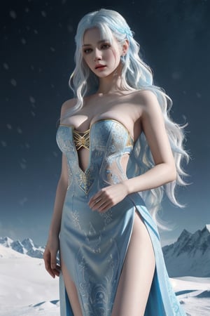 (snow background) A beautiful pale Persian-Russian woman with a perfect body in a strapless slit light blue dress, long wavy platinum-blond hair, Photo ultra-realistic, colorful, intricate, ultra-detailed artistic photography, colorful night aura, shadows, oil on canvas, brush strokes, smooth, ultra high definition, 32k, ultra sharp focus, intricate artwork masterpiece, ominous, matte painting movie poster, golden ratio, intricate, epic, highly detailed, vibrant, production cinematic character render, ultra high-quality creation by Supersquirrelstudios.com, photorealistic, seductively positioned