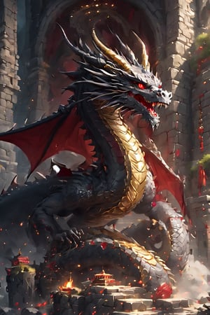 illustration of a black and red dragon sitting on a pile of gold and jewels the dimly lit and vast hall of a castle keep environment moody dark gray stone walls cinematic lighting, lunar