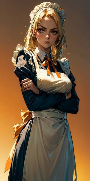 1girl, apron, blonde hair, bow, breast hold, breasts, brooch, closed mouth, crossed arms, dress, dusk, enmaided, evening, frown, ginkgo leaf, gradient, gradient background, long hair, long sleeves, looking at viewer, maid, maid apron, maid headdress, medium breasts, orange background, orange sky, orange theme, ribbon, solo, sunflower, sunset, v-shaped eyebrows, white apron, yellow background, yellow sky, yellow theme
