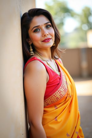 An ultra realistic image of a woman, wearing a saree, outdoors, leaning on a wall, looking_at_viewer, red lips, gorgeous face, highly detailed