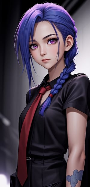 (masterpiece, best quality), 1girl, beautiful face, makima, braid, braided ponytail, necktie ,red purple eyes, Jinx weint vor der Kamera, Blaue Wolke Tattoo, (Meisterwerk, best quality), Seitliche Beleuchtung, beautiful detailed eyes, sad face), (best quality), (Meisterwerk), Magische Fotografie, Dramatische Beleuchtung, Fotorealismus, Ultra-detailliert, intimate portrait composition, Leica 50mm, Formel 1. 4,8K UHD, DSLR, aesthetic, 64 Tsd., hight resolution, 8K, Beste Ausleuchtung, Bester Schatten, Ultra-HD, hight resolution, Scharfer Fokus, Komplizierter Hintergrund, Filmische Beleuchtung, ((Landschaftsansicht)), 4K-Einheit, (Beste Ausleuchtung), ((Filmische Beleuchtung)),JinxLol,,<lora:659111690174031528:1.0>