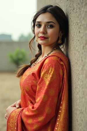 An ultra realistic image of a woman, wearing a saree, outdoors, leaning back on a wall, looking_at_viewer, red lips, gorgeous face, highly detailed