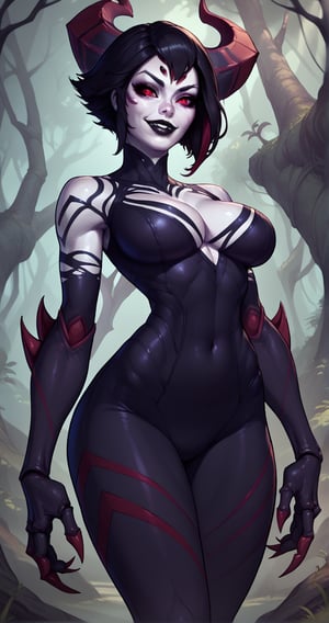 score_9, score_8_up, score_7_up, score_6_up, score_5_up, score_4_up, elise from league of legends, black lips, makeup, red eyes, black hair, two-tone hair, short hair, helmet, horns, white skin, colored skin, large breasts, spider girl, monster girl, (arachne), arthropod limbs, cleavage, bodysuit, elbow gloves, red claws, navel, twighhighs, standing, dynamic pose, seductive smile, looking at viewer, forest, tree 