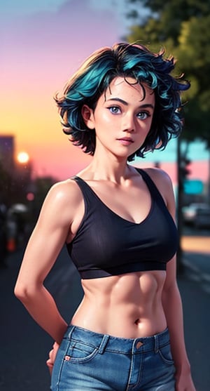 (hyperealistic detailed face:1.2), (looking at viewer:1.2), (frontal view), centered, upper body, award winning frontal photography, masterpiece, (beautiful detailed eyes:1.2), | aqua hair, light blue eyes, short hairstyle, (medium top), midriff peak, navel, shorts jeans, nipples, underboob, abs, | sunset, bokeh, depth of field, | urban, street, City, | starry sky, vaporwave color scheme, (saturated colors:1.2),tpserv