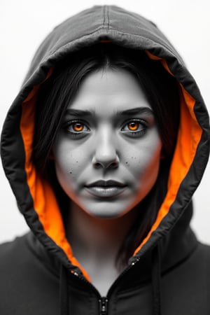 A monochrome image of a woman, face close up, looking at viewer, hooded, glowing orange eyes, black and white image, face portrait, orange color highlighted inside of a hoodie, white background, perfectly lit face, cloudy image, slight orange lips