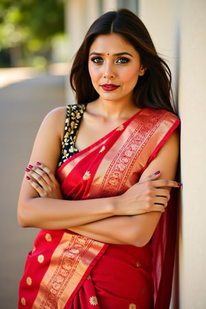 An ultra realistic image of a woman, wearing a saree, outdoors, leaning on a wall, looking_at_viewer, red lips, gorgeous face, highly detailed