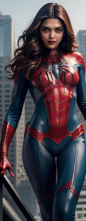 Professional portrait of deepika padukone as spider woman completely naked, nipples, boobs, small boobs, abs, fit, soft smiling, battlefield in background, highly detailed, high resolution, ultra realistic, hyperrealistic,spider-man costume