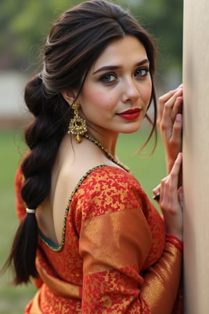 An ultra realistic image of a woman, wearing a saree, outdoors, leaning back on a wall, looking_at_viewer, red lips, gorgeous face, highly detailed