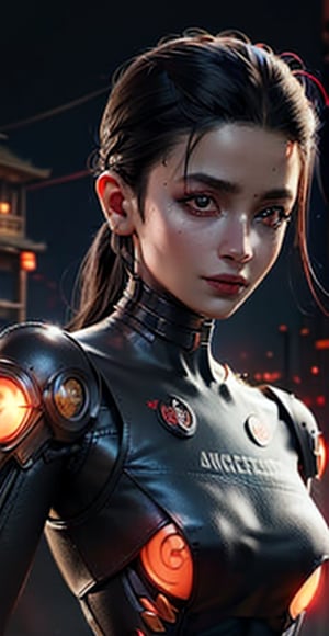 cyborg lady, Vietnam temple,dinhlang,cybernetic jaw, mechanical parts, metal skin, glowing red eyes, cables, wires, black hair, simple background,aliabhatt