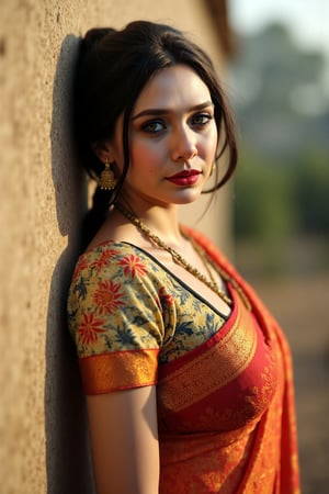 An ultra realistic image of a woman, wearing a saree, outdoors, leaning back on a wall, looking_at_viewer, red lips, gorgeous face, highly detailed