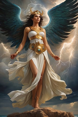 (masterpiece), (extremely intricate), fantasy, ((hyper realistic, 4K, Ancient Greek Mythology),

(Full body daring image of Mnemosyne with a thunderstorm and white clouds background, in Greek mythology, the goddess of memory by Anne Stokes, cgsociety, fantasy art, tarot card, wiccan, detailed painting.

(((colorful ancient Greek mythology clothing, intricate details on clothing))), (perfect composition:1.4), aspect ratio 1:1, beach, deviantart hd, artstation hd, concept art, detailed face and body, award-winning photography, margins, detailed face, professional oil painting by Ed Blinkey, Atey Ghailan, Jeremy Mann, Greg
