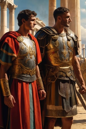 (masterpiece), (extremely intricate), fantasy, (((hyperrealistic, 4K, Ancient Rome)
(Illustrate Ancient two Roman Emperor Guards, Full body)

(computer graphics by Þórarinn B. Þorláksson, cgsociety, fantasy art, masculine, 2d game art, majestic)


(((colorful Romans clothing, intricate details on clothing))), 

(perfect composition:1.4), aspect ratio 1:1, beach, deviantart hd, art station hd, concept art, detailed face and body, award-winning photography, margins, detailed face, professional oil painting by Ed Blinkey, Atey Ghailan, Jeremy Mann, Greg
