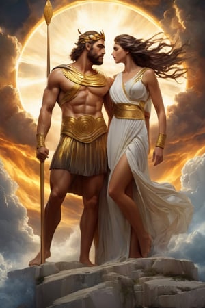 (masterpiece), (extremely intricate), fantasy, ((hyper realistic, 4K, Ancient Greek Mythology),

(Full body daring image of (Man And Woman) Mnemosyne and Zeus together as lovers with a thunderstorm and white clouds background, in Greek mythology, Mnemosyne the goddess of memory, by Anne Stokes, cgsociety, fantasy art, tarot card, wiccan, detailed painting.

(((colorful ancient Greek mythology clothing, intricate details on clothing))), (perfect composition:1.4), aspect ratio 1:1, beach, deviantart hd, artstation hd, concept art, detailed face and body, award-winning photography, margins, detailed face, professional oil painting by Ed Blinkey, Atey Ghailan, Jeremy Mann, Greg
