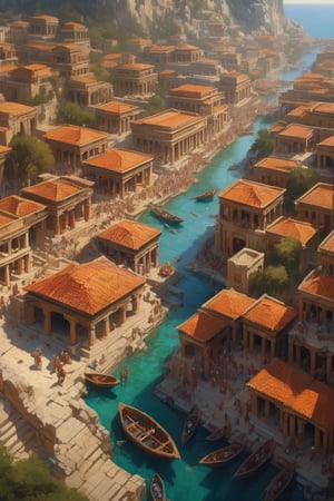 ((masterpiece), (extremely intricate), fantasy, ((hyper-realistic, 4K,)
(A bird's eye view of ancient Spartan City, showing the busy people),
(Ancient Sparta),
(((colorful spartan clothing, intricate details on clothing))), (perfect composition:1.4), aspect ratio 1:1, beach, deviantart hd, art station hd, concept art, detailed face and body, award-winning photography, margins, detailed face, professional oil painting by Ed Blinkey, Atey Ghailan, Jeremy Mann, Greg
