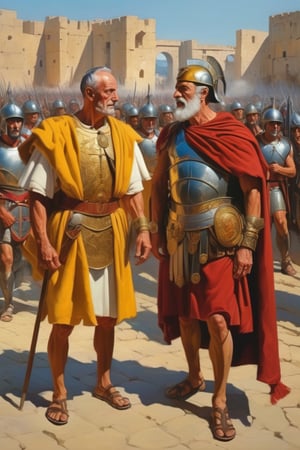 (masterpiece), (extremely intricate), fantasy, ((hyper realistic, 4K, ancient romans, year 276 to 282)

Emperor Probus with his general in the background 

 image of a revolution promoted viticulture in Gaul and the Balkans

(((colorful clothing, intricate details on clothing))), (perfect composition:1.4), aspect ratio 1:1, beach, deviantart hd, artstation hd, concept art, detailed face and body, award-winning photography, margins, detailed face, professional oil painting by Ed Blinkey, Atey Ghailan, Jeremy Mann, Greg
