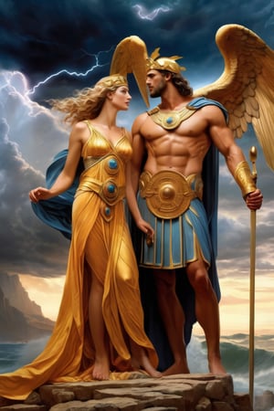 (masterpiece), (extremely intricate), fantasy, ((hyper realistic, 4K, Ancient Greek Mythology),

(Full body daring image of (Man And Woman) Athena and Zeus together as lovers with a thunderstorm and white clouds background, in Greek mythology, Athena was one of the twelve chief Olympian deities and the goddess associated with wisdom, craft, and warfare, by Anne Stokes, cgsociety, fantasy art, tarot card, wiccan, detailed painting.

(((colorful ancient Greek mythology clothing, intricate details on clothing))), (perfect composition:1.4), aspect ratio 1:1, beach, deviantart hd, artstation hd, concept art, detailed face and body, award-winning photography, margins, detailed face, professional oil painting by Ed Blinkey, Atey Ghailan, Jeremy Mann, Greg
