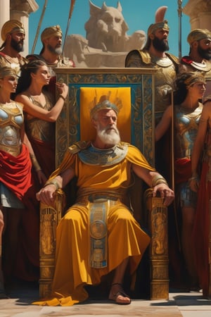 (masterpiece), (extremely intricate), fantasy, ((hyper realistic, 4K, ancient romans, year 276 to 282)

Emperor Probus sitting on his throne with dancing girls with his armies in the background. 
show Probus as the final benevolent constitutional emperor of Rome

(((colorful clothing, intricate details on clothing))), (perfect composition:1.4), aspect ratio 1:1, beach, deviantart hd, artstation hd, concept art, detailed face and body, award-winning photography, margins, detailed face, professional oil painting by Ed Blinkey, Atey Ghailan, Jeremy Mann, Greg
