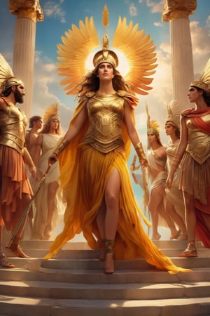 (masterpiece), (extremely intricate), fantasy, (((hyperrealistic, 8K, Ancient Greek mythology,)

Full Body Image of Athena ascending as a revered deity , with other gods and goddesses watching.
wearing daring Greek costume

(colorful Greek God's clothing, intricate details), ( perfect composition:1.4 ) Deviantart HD, art station hd, concept art, detailed face and body.
