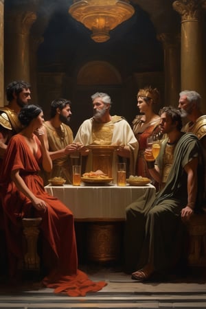 (masterpiece), (extremely intricate), fantasy, (hyperrealistic, 4K, Ancient Roman), ( Year 180 AD ),

- (Full Body),
- ( Three sets of tables with Ancient Roman men and women eating and drinking alcoholic drinks);


(details on clothing), (perfect composition:1.4), deviantart hd, art station hd, concept art, detailed face and body, award-winning photography, margins, detailed face, professional oil painting by Ed Blinkey, Atey Ghailan, Jeremy Mann, Greg
