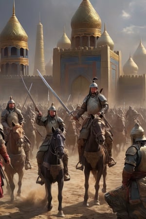 (masterpiece), (extremely intricate), fantasy, ((hyper-realistic, 4K, Ancient Mongolia, (the Year is 1219 AD)

(An image of the Mongol army invading the Khwarazmian Empire in Persia))

(by Anne Stokes, cgsociety, fantasy art, tarot card, wiccan, detailed painting.



(perfect composition:1.4), deviantart hd, artstation hd, concept art, detailed face and body, award-winning photography, margins, detailed face, professional oil painting by Ed Blinkey, Atey Ghailan, Jeremy Mann, Greg
