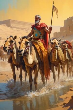 (masterpiece), (extremely intricate), fantasy, ((hyper-realistic, 4K, ancient Romans, year 276 to 282)

Emperor Probus with the 
image of Romans on the camels passing in the cereal production in Egypt by draining swamps 



(((colorful clothing, intricate details on clothing))), (perfect composition:1.4), aspect ratio 1:1, beach, deviantart hd, artstation hd, concept art, detailed face and body, award-winning photography, margins, detailed face, professional oil painting by Ed Blinkey, Atey Ghailan, Jeremy Mann, Greg
