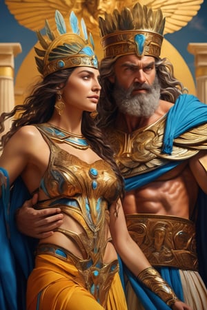 (masterpiece), (extremely intricate), fantasy, (((hyperrealistic, 8K, Ancient Greek mythology,)

Image of King Zeus Grabbing Queen Metis on her shoulders.

(colorful Greek God's clothing, intricate details), ( perfect composition:1.4 ) Deviantart HD, art station hd, concept art, detailed face and body.
