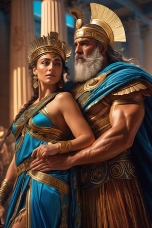 (masterpiece), (extremely intricate), fantasy, (((hyperrealistic, 8K, Ancient Greek mythology,)

Image of King Zeus Grabbing Queen Metis on her shoulders.

(colorful Greek God's clothing, intricate details), ( perfect composition:1.4 ) Deviantart HD, art station hd, concept art, detailed face and body.
