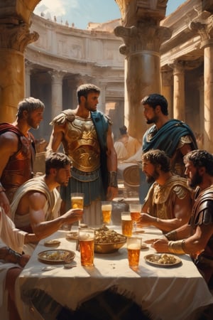 (masterpiece), (extremely intricate), fantasy, (hyperrealistic, 4K, Ancient Roman), ( Year 180 AD ),

- (Full Body),
- (Image of 3 sets of Ancient Romans on the tables eating and drinking alcoholic drinks);


(intricate details on clothing), (perfect composition:1.4), deviantart hd, art station hd, concept art, detailed face and body, award-winning photography, margins, detailed face, professional oil painting by Ed Blinkey, Atey Ghailan, Jeremy Mann, Greg
