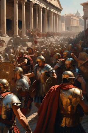 (masterpiece), (extremely intricate), fantasy, (hyperrealistic, 4K, Ancient Roman), ( Year 180 AD ),

- (Image of ancient Rome in chaos showing a civil war on the streets.
- with people fighting

(intricate details on clothing), deviantart hd, art station hd, concept art, detailed face and body, award-winning photography, margins, detailed face, professional oil painting by Ed Blinkey, Atey Ghailan, Jeremy Mann, Greg
