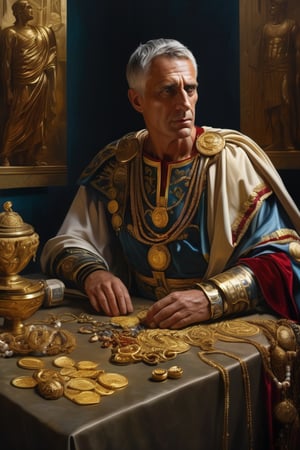 (masterpiece), (extremely intricate), fantasy, (hyperrealistic, 4K, Ancient Roman), ( Year 180 AD ),

- (Full Body),
- (Image of Emperor of Ancient Rome sitting on the table full of jewelry and gold),


(intricate details on clothing), (perfect composition:1.4), aspect ratio 1:1, beach, deviantart hd, art station hd, concept art, detailed face and body, award-winning photography, margins, detailed face, professional oil painting by Ed Blinkey, Atey Ghailan, Jeremy Mann, Greg
