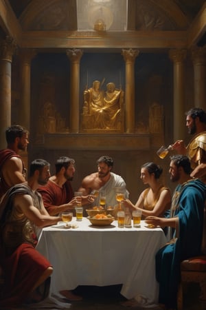 (masterpiece), (extremely intricate), fantasy, (hyperrealistic, 4K, Ancient Roman), ( Year 180 AD ),

- (Full Body),
- ( Three sets of tables with men and women eating and drinking alcoholic drinks);


(details on clothing), (perfect composition:1.4), deviantart hd, art station hd, concept art, detailed face and body, award-winning photography, margins, detailed face, professional oil painting by Ed Blinkey, Atey Ghailan, Jeremy Mann, Greg
