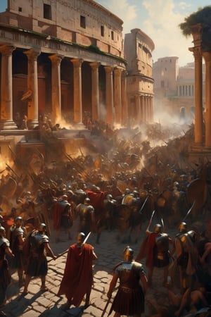 (masterpiece), (extremely intricate), fantasy, (hyperrealistic, 4K, Ancient Roman), ( Year 180 AD ),

- (Image of ancient Rome in chaos showing a civil war on the streets.
- with people fighting

(intricate details on clothing), deviantart hd, art station hd, concept art, detailed face and body, award-winning photography, margins, detailed face, professional oil painting by Ed Blinkey, Atey Ghailan, Jeremy Mann, Greg
