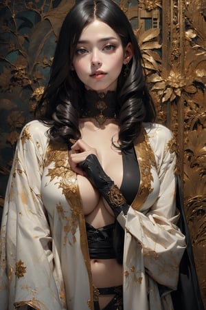 (masterpiece, best quality, hires, high resolution:1.2), (extremely detailed, intricate details, highres), ((realistic)), vivi color, ((nsfw)), woman, japanese, golden and white kimono, ((exposed_breasts, sagging_breasts, long_breasts, saggy_tits, belly, dynamic)), (open_shirt, unbuttoned, cloth wide open, black_hair, blunt_bangs, abserdly long and straight_hair, monolid), (on_fours:1.6), nipples, (brutalist style:1.6), (ninja, samurai, katana, bare_chest), confident, muscular, shiny_skin, light_skin, choker, (nice hands,nice fingers), better_hands, science fiction, (cinematic lighting, volumetric), looking at viewer, vintage fantasy, 1960s \(style\), film grain, (atompunkstylesd15:1.0), chrysanthemum floral décoration, dark forest, (dark + gothic, + foreboding background:1.4)