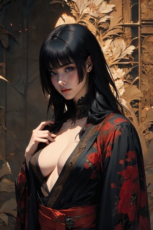 (masterpiece, best quality, hires, high resolution:1.2), (extremely detailed, intricate details, highres), ((realistic)), vivi color, 3d, cg, nsfw, woman, japanese, kimono, (open_shirt, unbuttoned, exposed_breasts, sagging_breasts, black_hair, blunt_bangs, abserdly long and straight_hair, monolid), nipples, (brutalist style:1.6), heavy steampunk armor, (ninja, samurai, katana, bare_chest), confident, muscular, abs, shiny_skin, light_skin, (nice hands,nice fingers), better_hands, holding sword, science fiction, (cinematic lighting, volumetric), looking at viewer, eye-level shot, (close_up:1.1), vintage fantasy, 1960s \(style\), film grain, (atompunkstylesd15:1.0), seductive_pose, dark red kimono, chrysanthemum floral décoration, dark forest, (dark + gothic, + foreboding background:1.4)