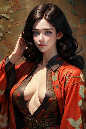 (masterpiece, best quality, hires, high resolution:1.2), (extremely detailed, intricate details, highres), ((realistic)), vivi color, 3d, cg, nsfw, woman, japanese, kimono, (open_shirt, unbuttoned, exposed_breasts, black_hair, bangs, long_straight_hair, monolid), nipples, (brutalist style:1.6), heavy steampunk armor, (ninja, samurai, katana, bare_chest), confident, muscular, abs, shiny_skin, light_skin, (nice hands,nice fingers), better_hands, holding sword, science fiction, (cinematic lighting, volumetric), looking at viewer, eye-level shot, (close_up:1.1), vintage fantasy, 1960s \(style\), film grain, (atompunkstylesd15:1.0), (dynamic pose:1.6), female action poses, dark red kimono, chrysanthemum floral décoration, dark forest, (dark + gothic, + foreboding background:1.4)