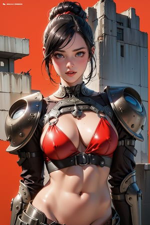(masterpiece, best quality, hires, high resolution:1.2), (extremely detailed, realistic, intricate details, highres), 3d, cg, woman, (brutalist style:1.6), heavy steampunk armor, muscular, abs, shiny skin, black hair, bun, science fiction, (cinematic lighting, sunlight, volumetric), looking at viewer, eye-level shot, close-up shot, simple red background, vintage fantasy, 1960s \(style\), film grain, (atompunkstylesd15:1.0), (soviet poster:1.4)