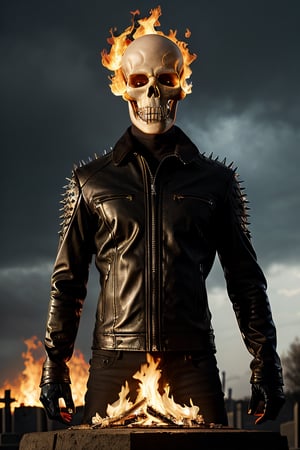 Photorealistic, Marvel's Ghost Rider with flaming skull, ((((NO SKIN)))), ((((no hair)))), ((((no eyes)))), facial portrait, Metal spikes on top of shoulders, black leather jacket, cloudy sky, lightning, cemetery, 