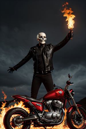 Photorealistic, Marvel's Ghost Rider with flaming skull, ((((NO SKIN)))), ((((no hair)))), ((((no eyes)))), facial portrait, Metal spikes on top of shoulders, black leather jacket, cloudy sky, lightning, cemetery, flaming motorcycle, flaming chains on hand, screaming 