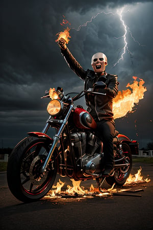 Photorealistic, Marvel's Ghost Rider, ((((no hair)))), ((((no eyes)))), facial portrait, screaming, cloudy sky, lightning, cemetery, flaming chains on hand, flaming motorcycle, 